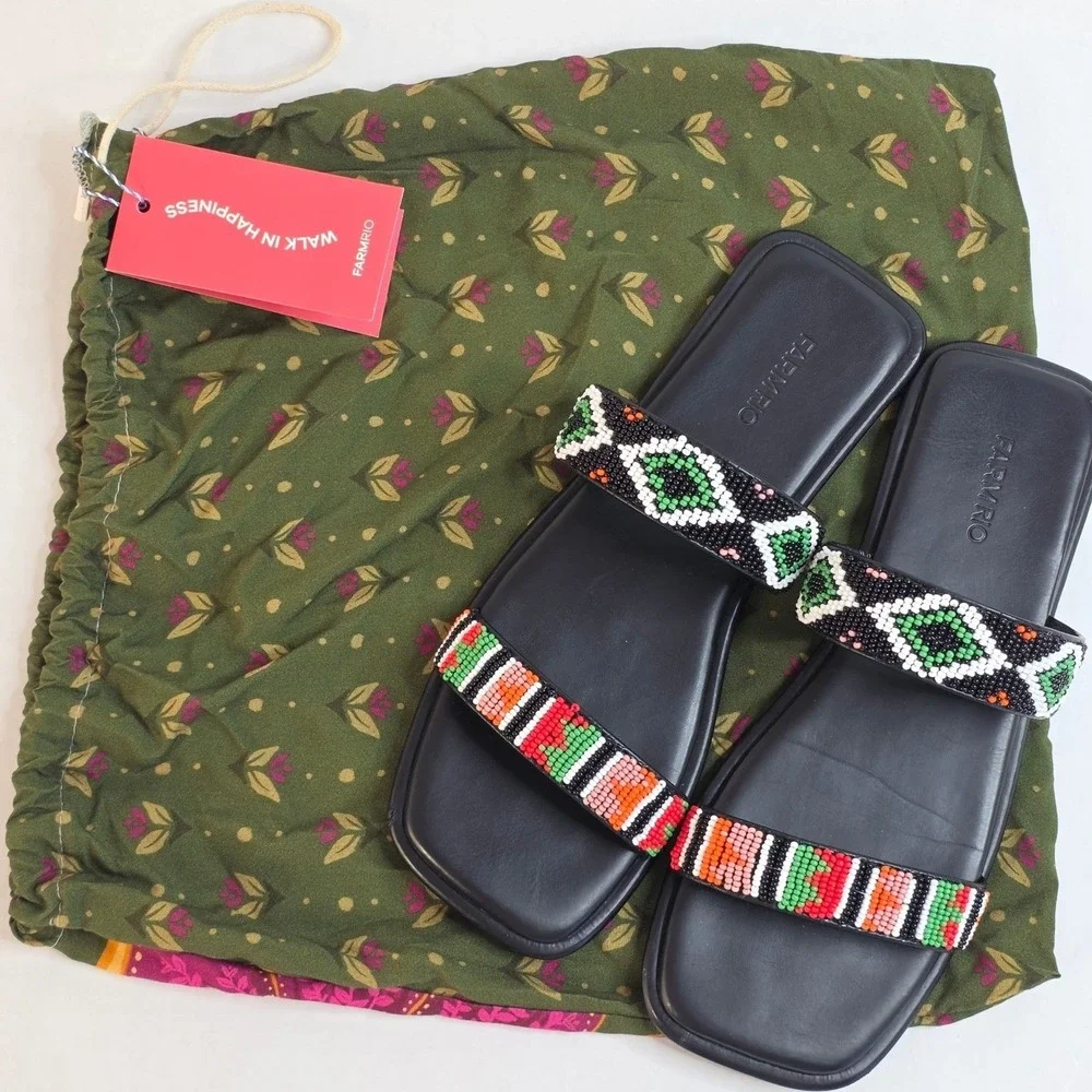 Farm‎ Rio Beaded Square Toe Slide Sandals Womens 10 Black Boho Tropical Resort